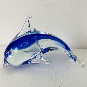 Hand Blown Art Glass Dolphin Figurine Paperweight Cobalt Blue Clear Nautical